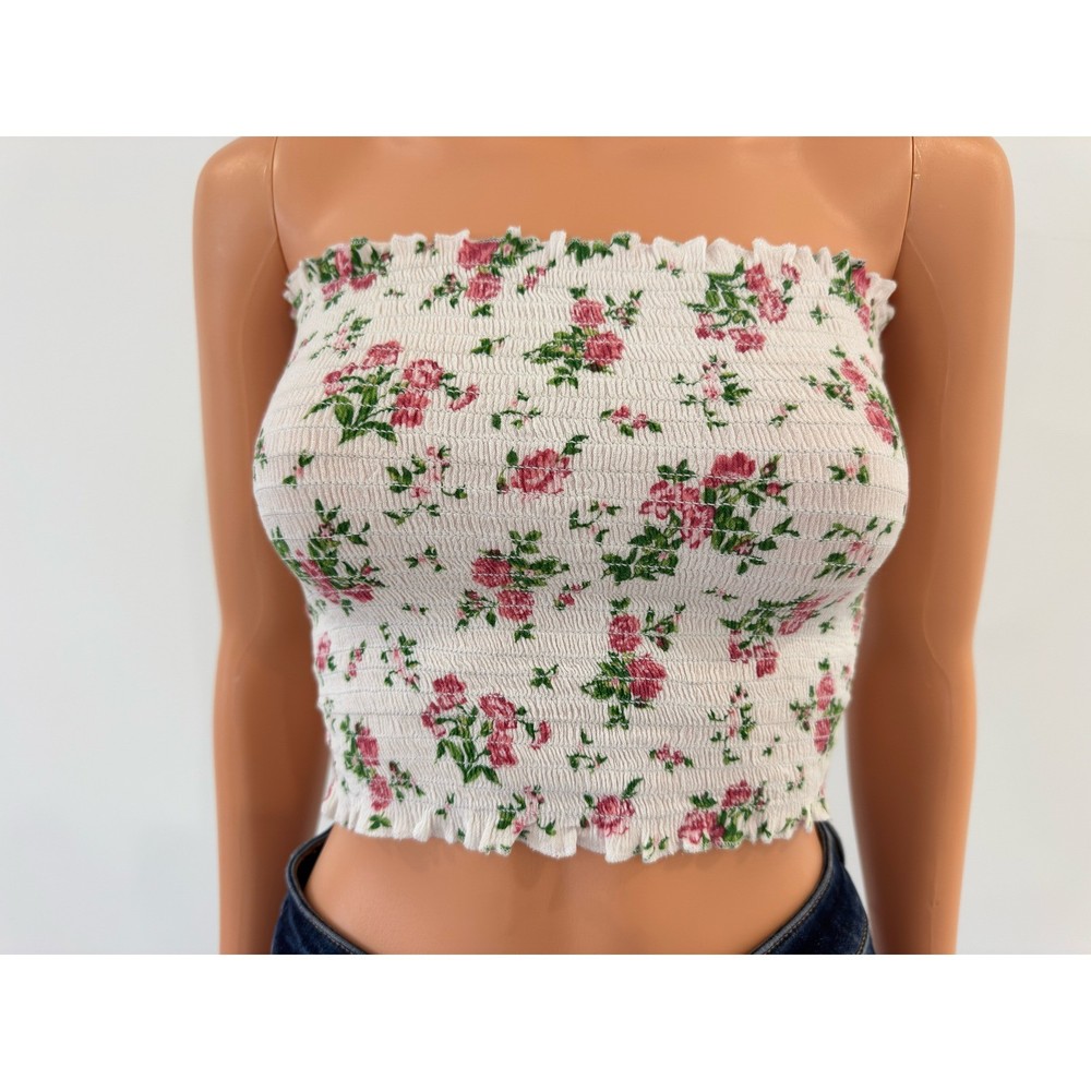 Kendall & Kylie Floral Smocked Tube Top White Pink Rose Crop Strapless Small