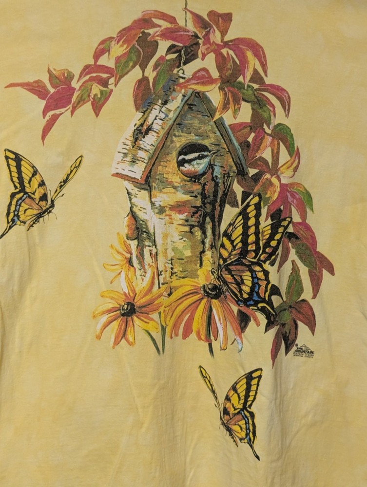 The Mountain Mens T-shirt Vintage Yellow Butterflies & Birds Defect XL #6401