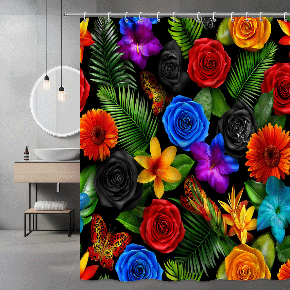 Tropical Floral Shower Curtain Black Background Roses Leaves