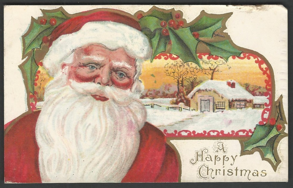 A HAPPY CHRISTMAS Santa Claus & Home 1913 Embossed Divided Back Postcard