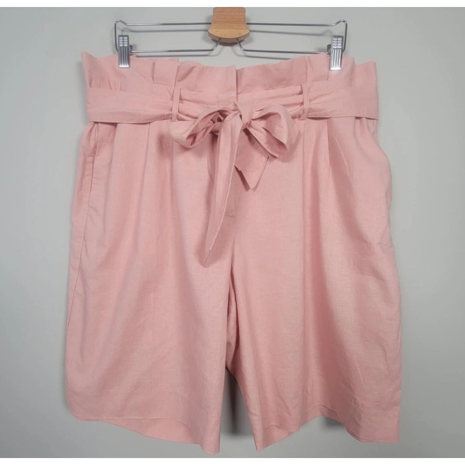 Boden Womens 14 Linen Cotton Paperbag Shorts Pink High Waist Belted