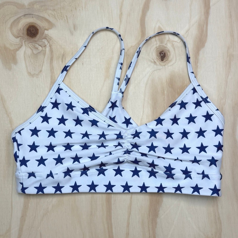 Born Primitive Small White Blue Star Print Ruched V-Neck Strappy Sports Bra