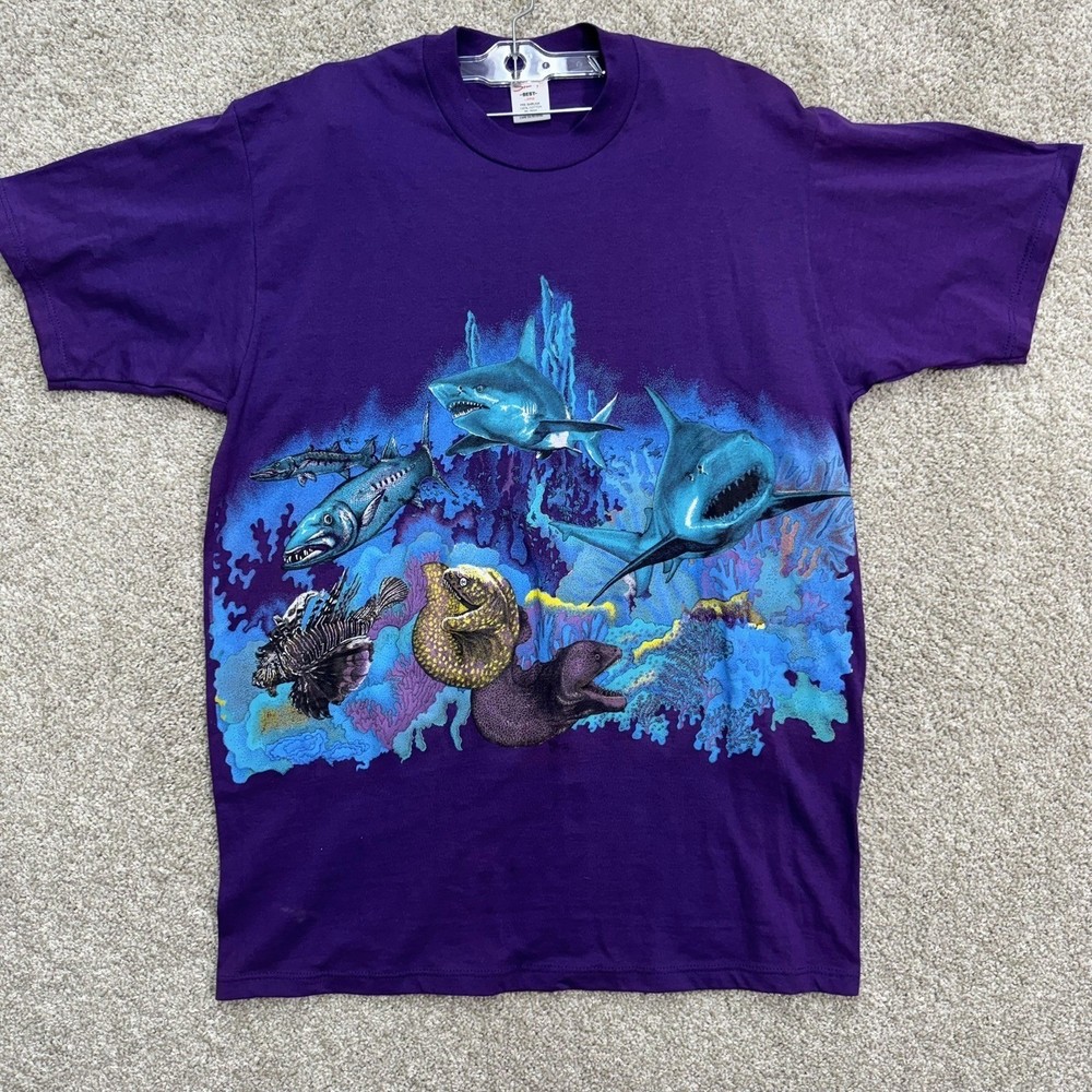 Sherry's Best Shark Graphic T Shirt Mens Large Purple Vintage 90s Made In USA