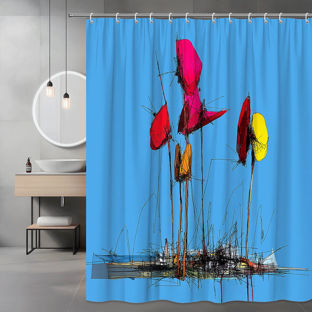 Abstract Floral Art Shower Curtain Blue Background