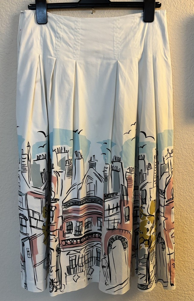 Boden  Midi Skirt Womens 12 Scene Pleated Art Novelty Travel Midi