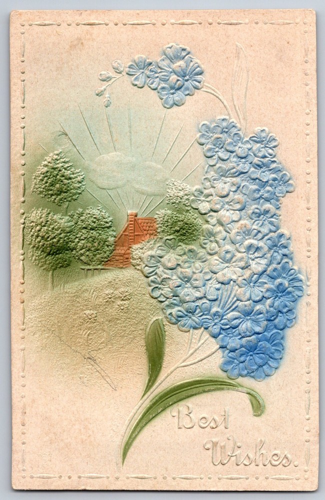 Greetings~Forget Me Nots Trees Home & Best Wishes~Vintage Postcard