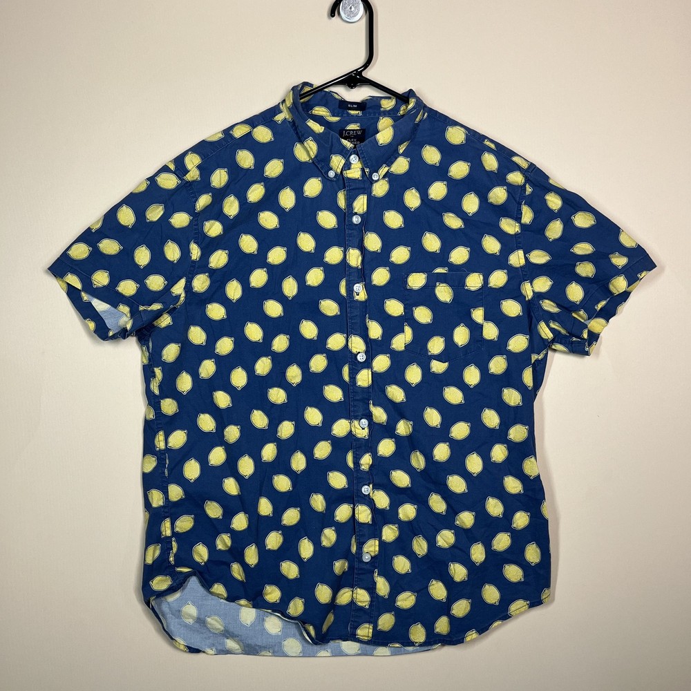 J.CREW Flex Lemon Graphic Button Up Short Sleeve Island Shirt Yellow Blue XL