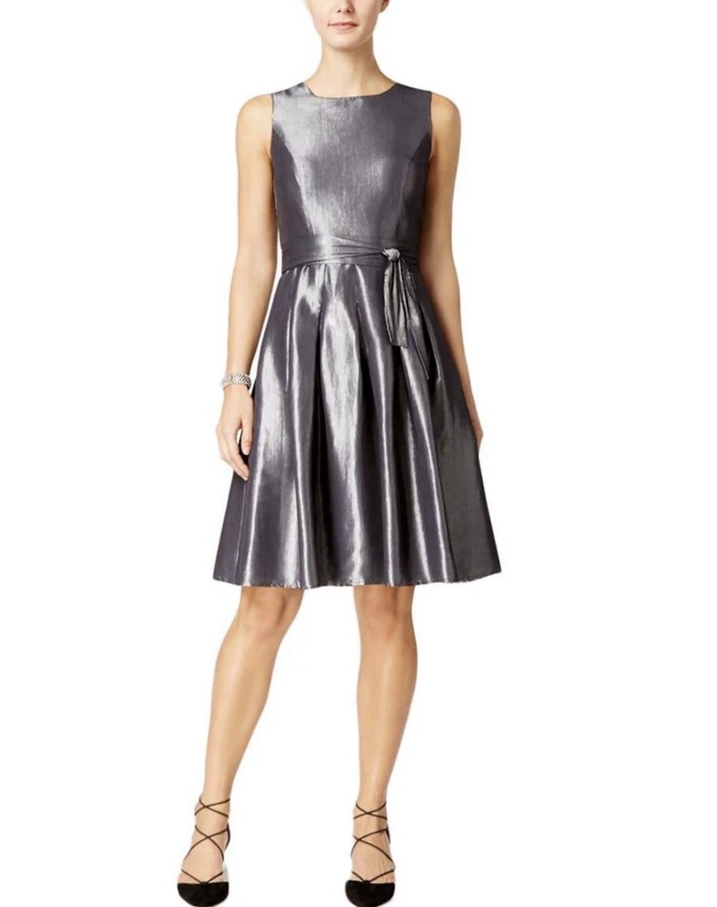 Tommy Hilfiger Women’s Metallic Stretch Taffeta Fit & Flare Dress Gray Sz 4
