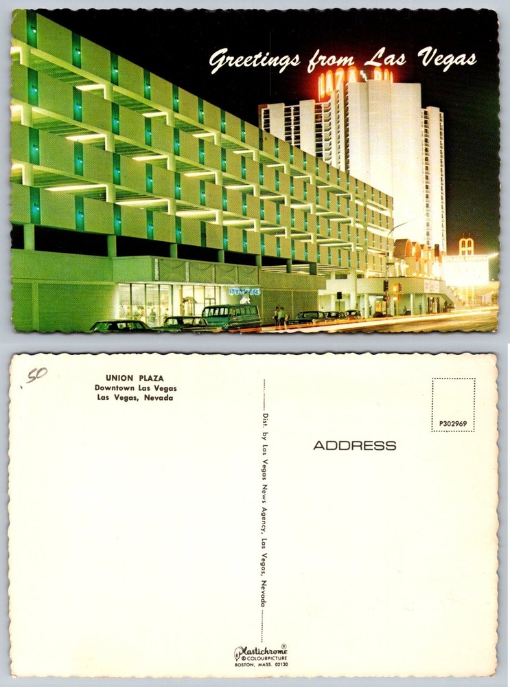 Vintage Union Plaza Hotel Las Vegas Nevada Night View Plastichrome Postcard