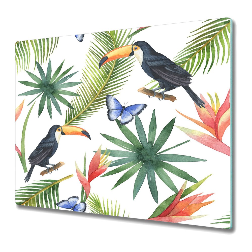 Serving Chopping Board Glass Cover Worktop Saver Tropical Toucan Floral 60x52