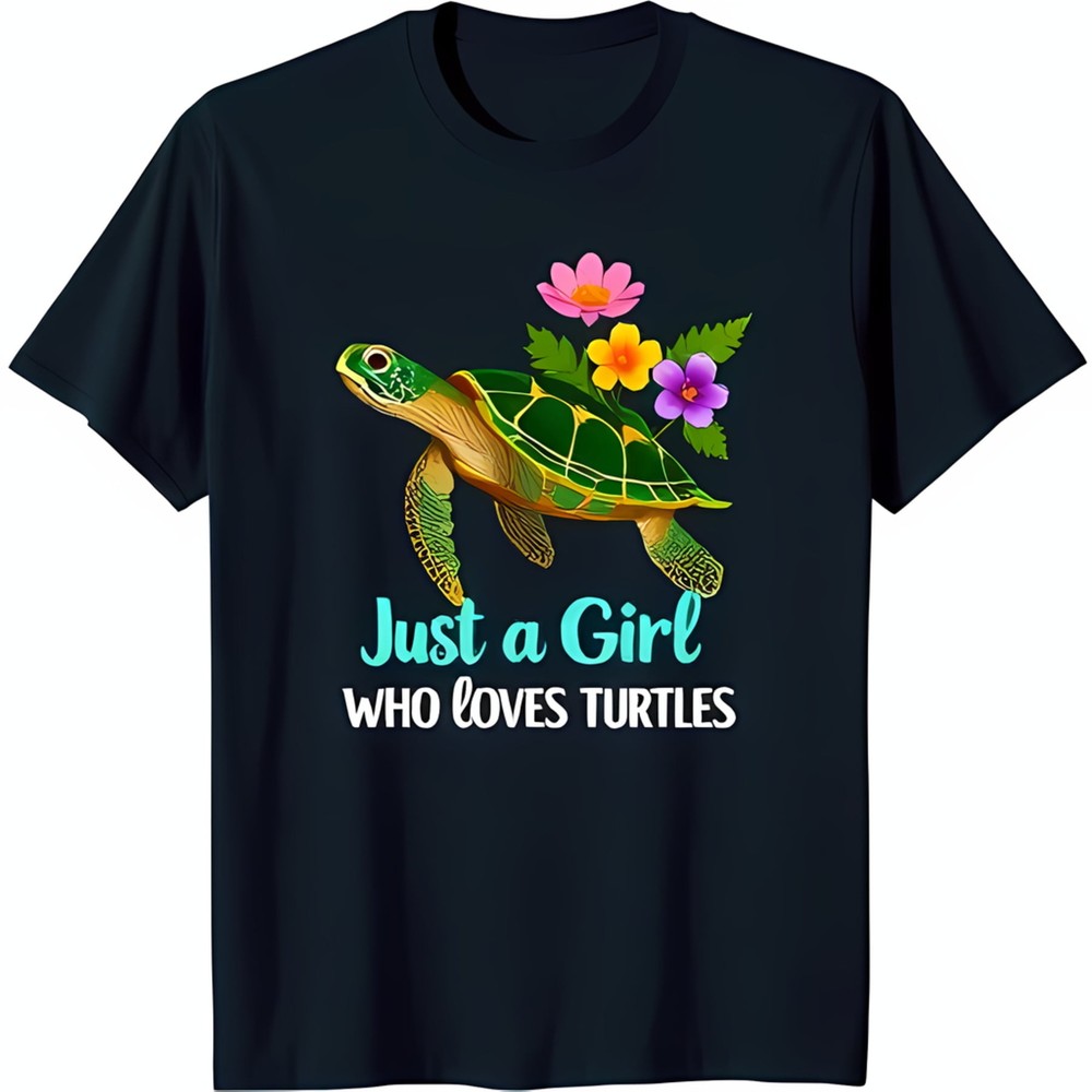 Black T-Shirt with Playful Green and Design 'Just a Girl Who Loves Turtles'
