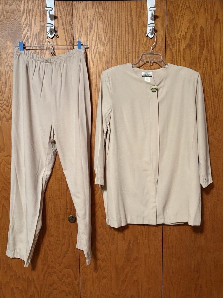 Vintage 90s Maren Minimalist 2-Piece Pant Suit Set - Beige - Size 14