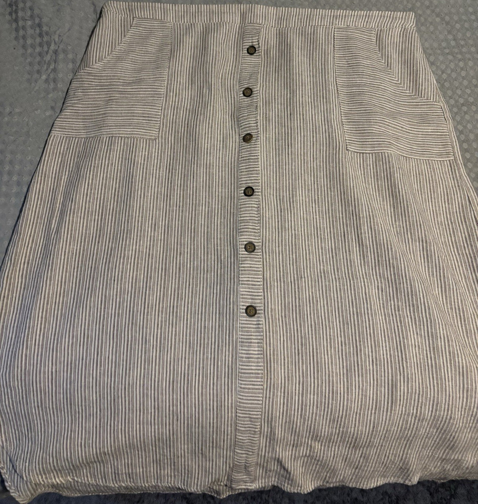 Striped Button Front Linen Rayon Midi Skirt with Pockets Beige White XXL A-Line