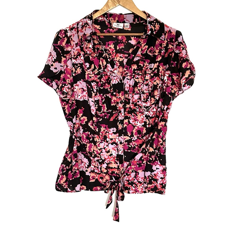 Worthington Plus Shirt Women’s 1X Floral Button Down Short Sleeve With Belt Top