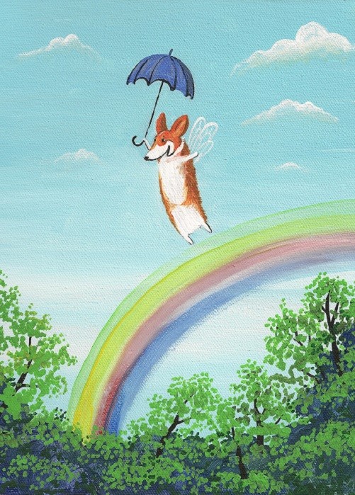 PRINT OF PAINTING PEMBROKE WELSH CORGI RYTA FOLK ART PAINTING RAINBOW ART FAIRY