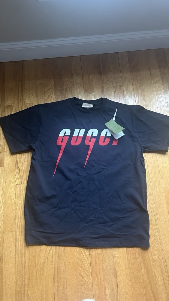 Gucci Blade Logo Graphic Print Cotton Men's T-Shirt XL Black Jersey Crew Neck