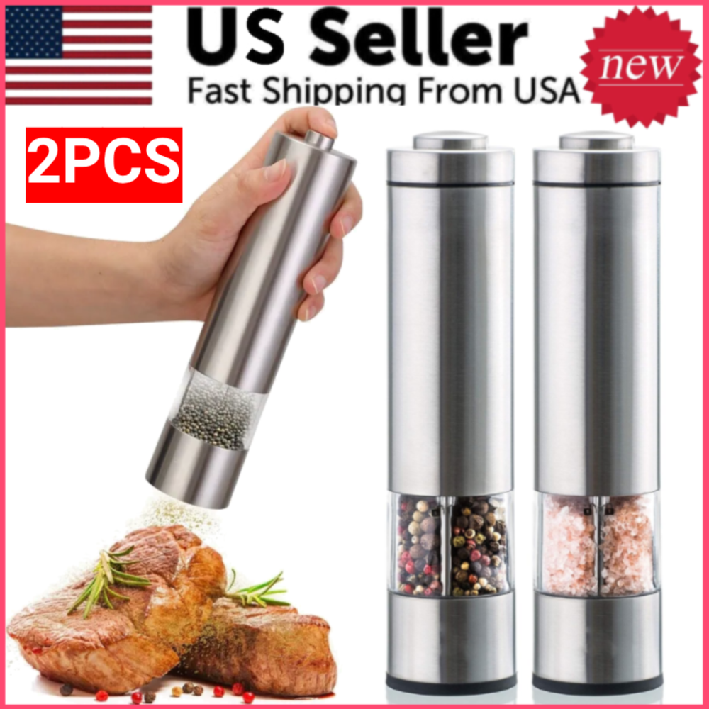 2PCS Electric Salt Pepper Grinder Mill Shakers Set Adjustable Stainless Steel