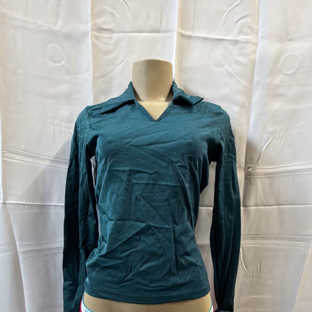 Cheryl Creations Teal Knit Nylon Lycra Top, Long Sleeve V-Neck Stretch Small