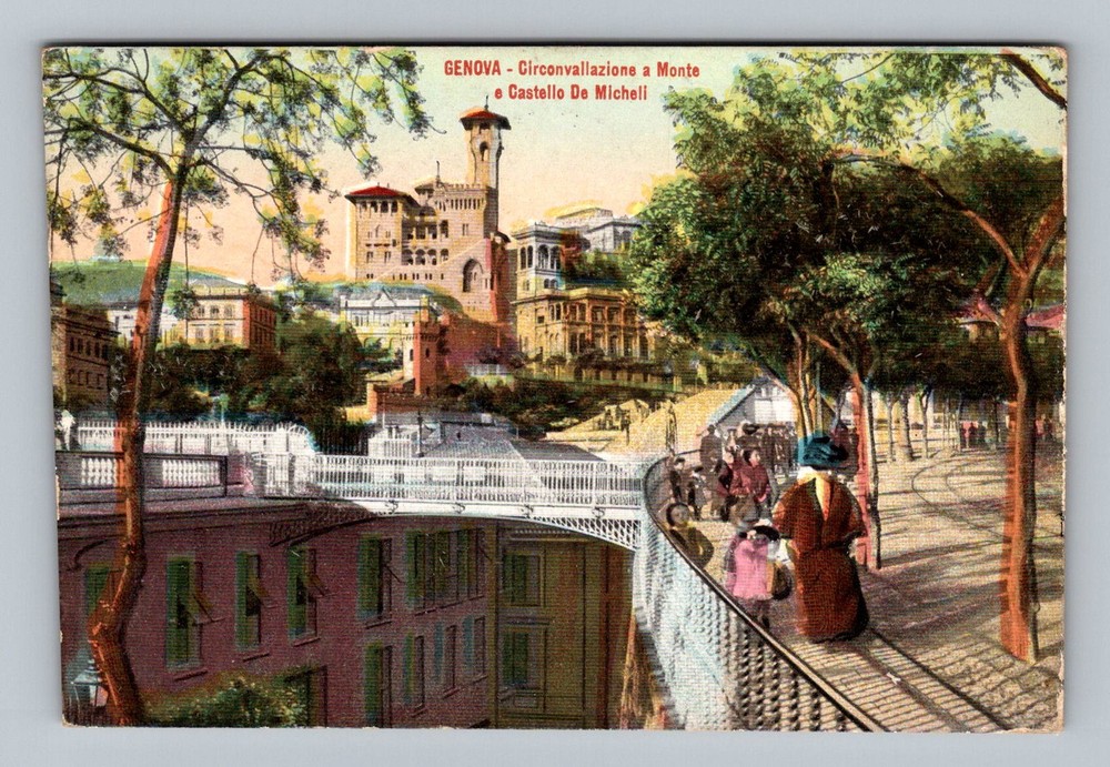 Italy- Genoa Ring Road To Monte & De Micheli Castle Old Vintage c1913 Postcard