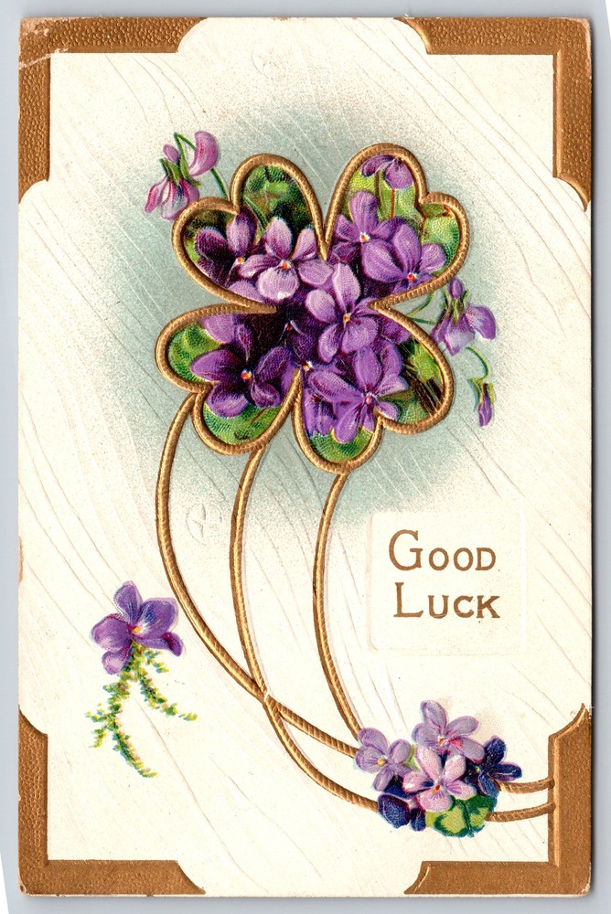 Greetings~Good Luck~Gold Outline 4 Leaf Clover With Violets~PM 1917 Postcard