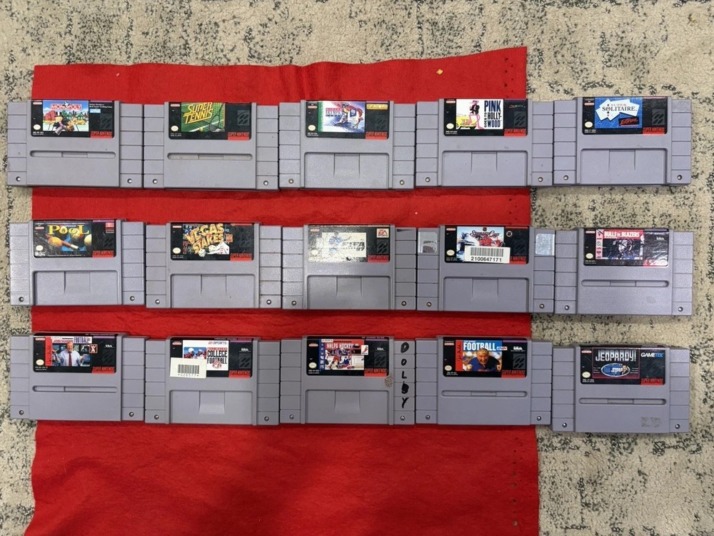 Lot Of 15 Super Nintendo SNES Games: Super Tennis, Solitaire, Pool, Pink Panther