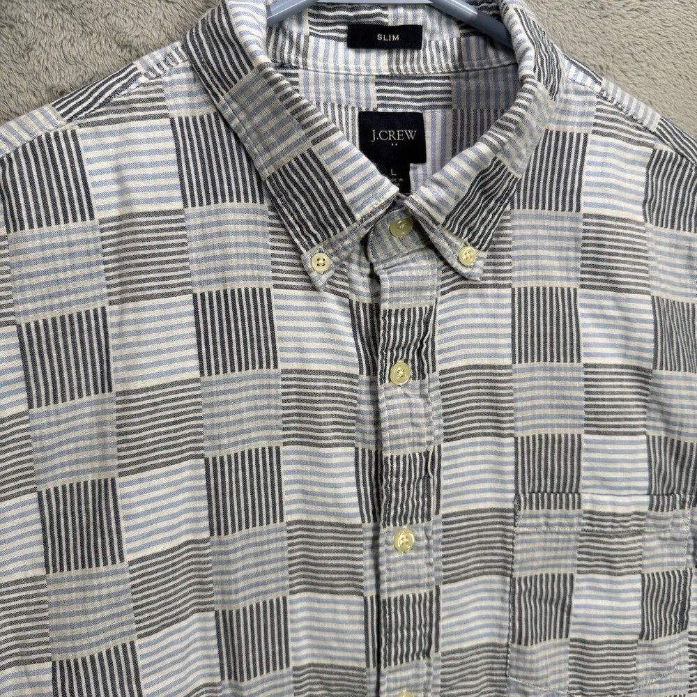J. Crew Patchwork Short Sleeve Button Down Shirt Men's Large Slim Fit Blue Gray