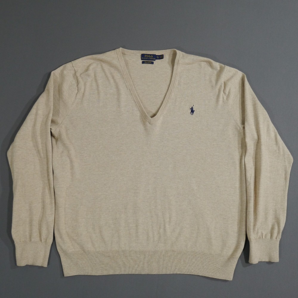 Polo Ralph Lauren Pullover V Neck Pima Cotton Sm Pony Sweater Mens XL Tan Beige
