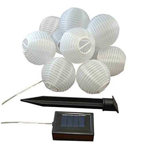 Solar Powered White String Lights with 10 Nylon Lanterns for Outdoor Decor