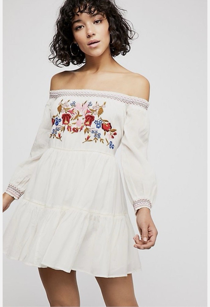 Free People Sunbeams Embroidered Off The Shoulder Mini Dress Size M