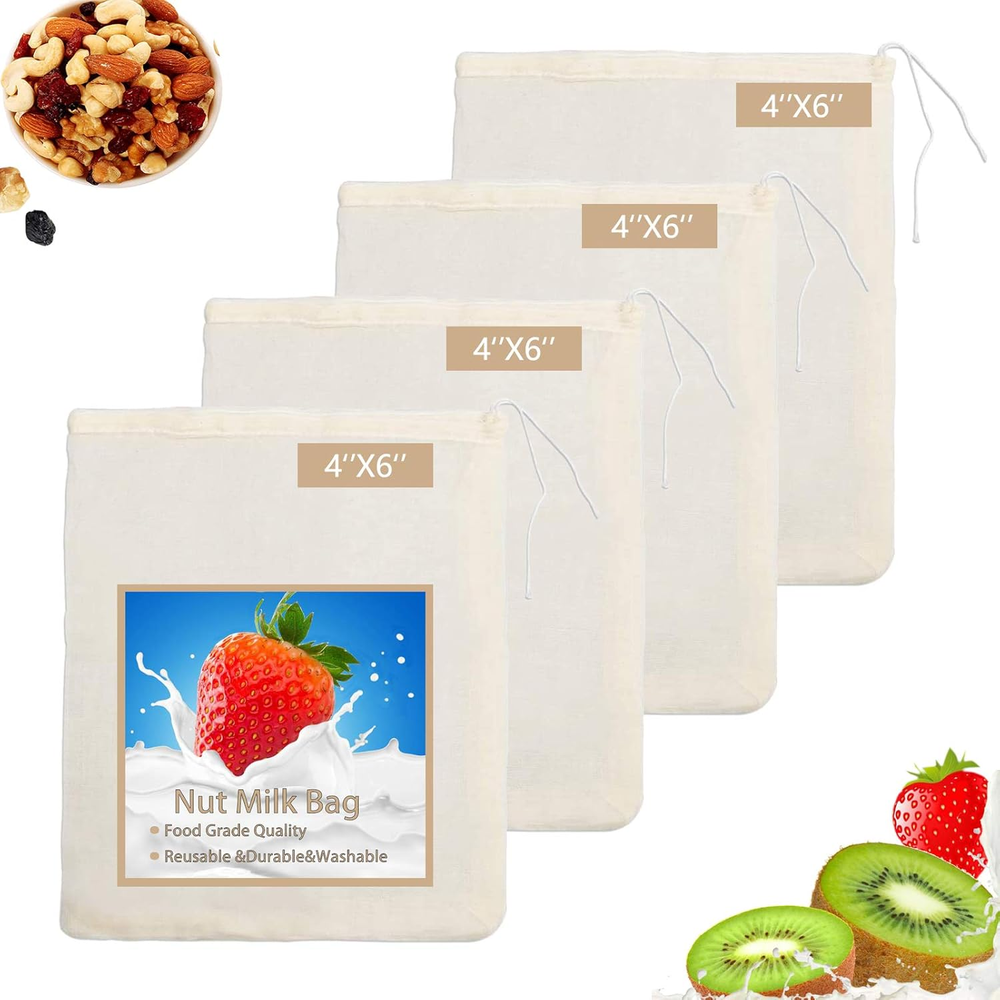 4-Pack Reusable Nut Milk Bag for Straining Cheese, Cold Brew & More