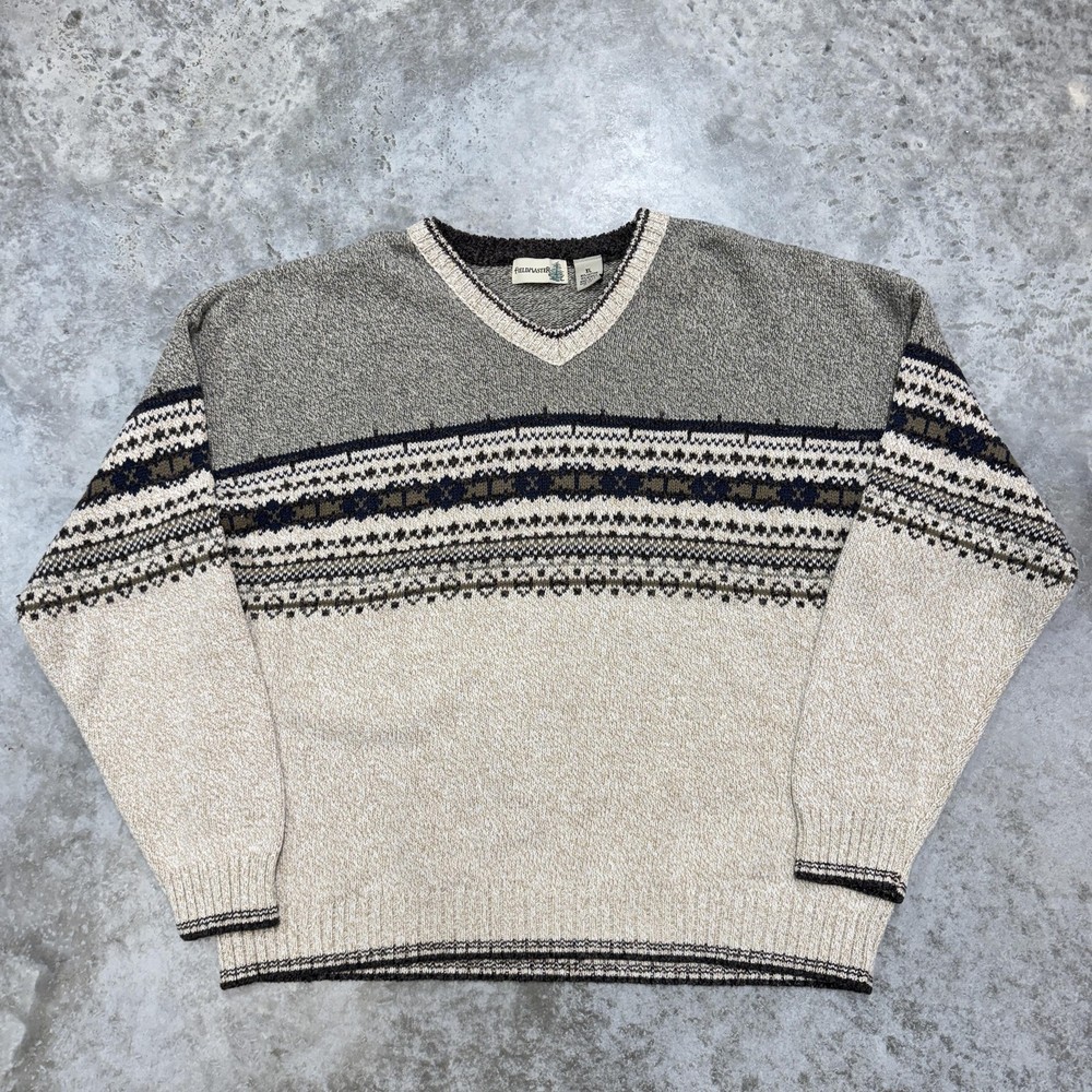FieldMaster Sweater Mens XL Beige Gray Nordic Fair Isle V Neck Knit Pullover