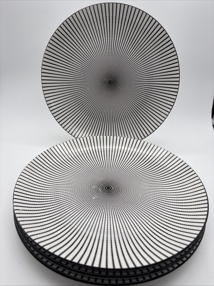 Set Of 4 Royal Norfolk BLACK WHITE DASHED Dinner Plates 10.75