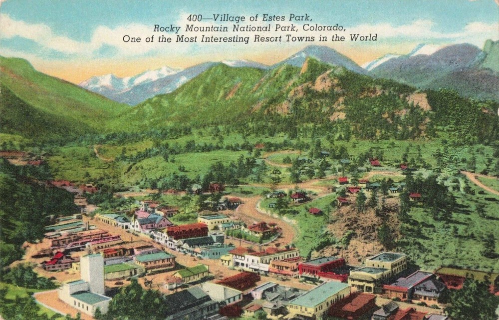 Estes Park CO, Rocky Mountain National Park, Resort Village, Vintage Postcard