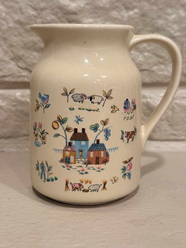 Vintage Farmhouse Creamer Pitcher with Folk Art Country Scene