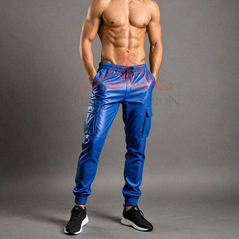 Men's Blue Genuine Leather Jogging Pants with Pockets for Walking & Running
