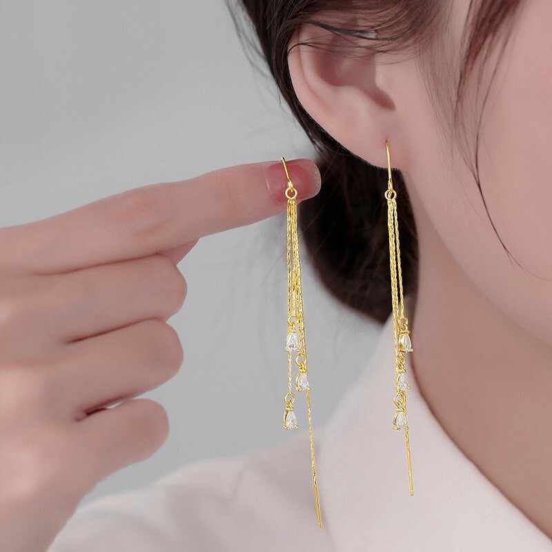 Elegant Women’s Silver Plated CZ Threader Dangle Tassel Drop Earrings PE64