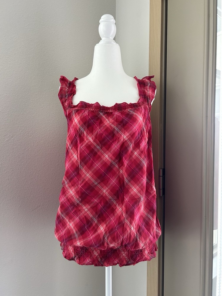 VTG Red Pink Plaid Ruffle Babydoll Ruched Top Sz M Y2K 90s Coquette Twee Ditsy