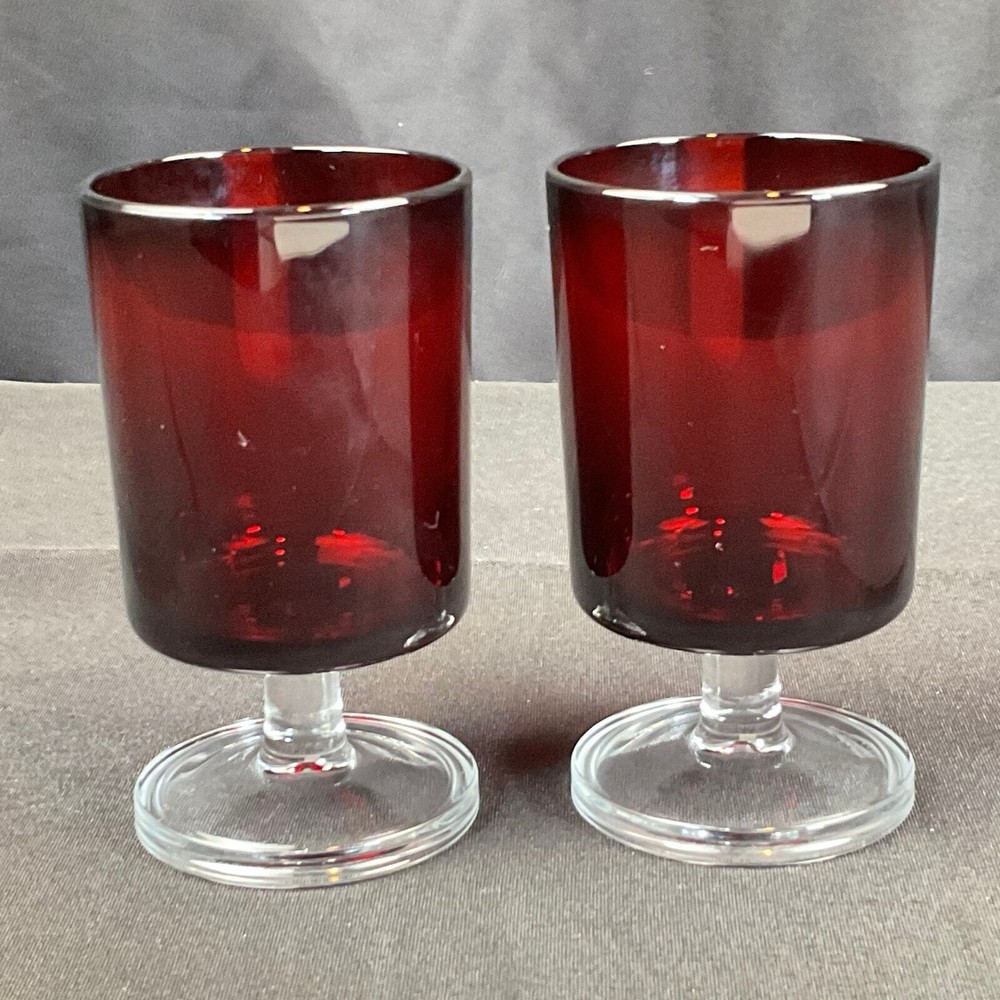 Set of 2 Vintage 4” Ruby Red Glasses Water Goblets Made In France Pressed Glass