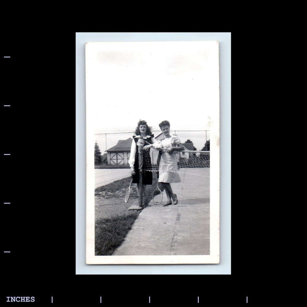 Vintage Photo LEGGY WOMEN BY TENNIS COURT WITH RACKET