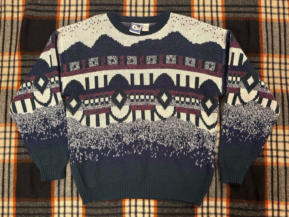 Vintage Todays News Sweater Geometric Abstract Striped Pattern size L 90s USA