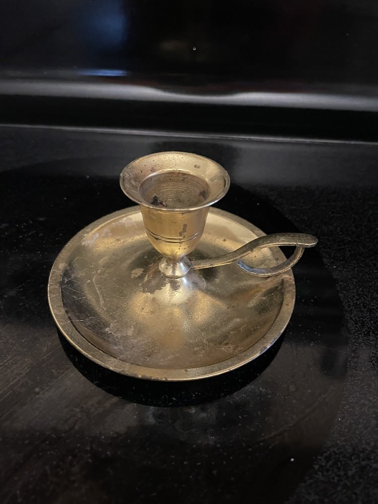 Vintage Brass Chamber Candle Stick Holder With Finger Loop & Drip Tray 4”