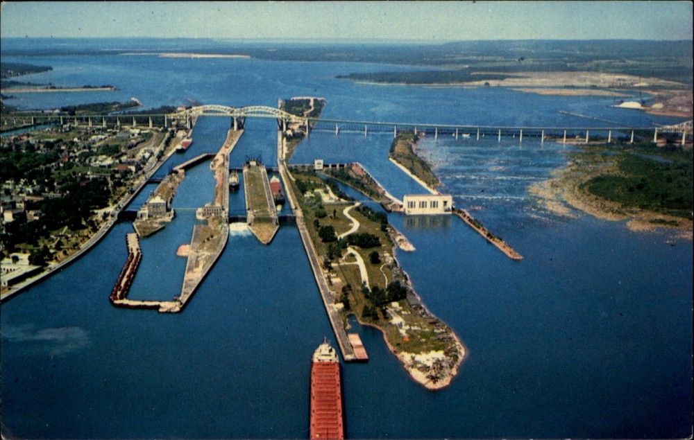 Aerial Sault Ste Marie Ontario Locks vintage postcard d334