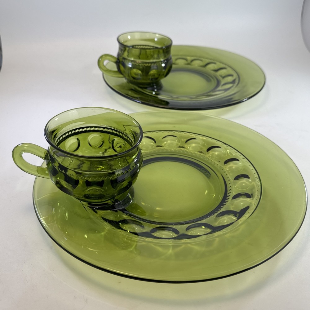 Vintage Indiana Glass Olive Green Thumbprint Cup & Saucer Set of 2 Kings Crown