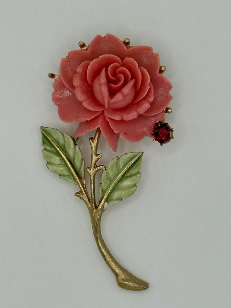 JJ Signed Vintage 3D Coral Pink Flower Brooch with Enamel Leaves and Ladybug