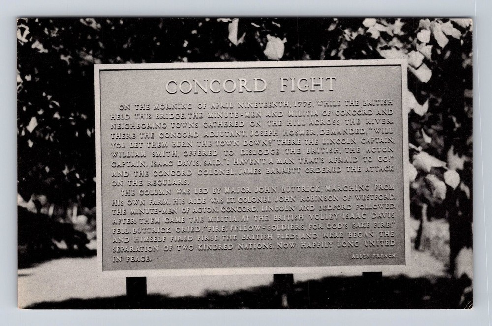 Concord MA- Massachusetts, Tablet Of Concord Fight North Bridge Vintage Postcard
