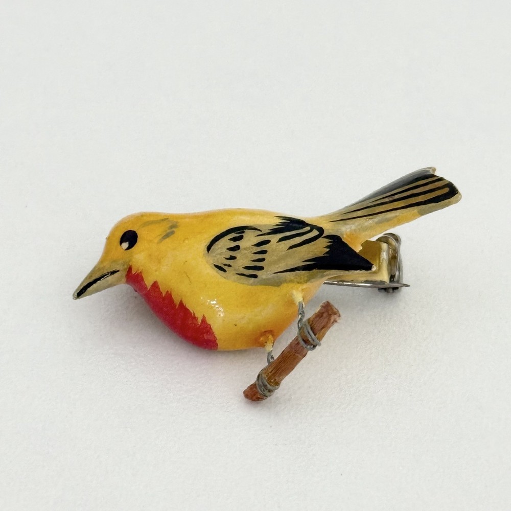 Vintage Hand Carved Painted Yellow Warbler Bird Brooch Pin