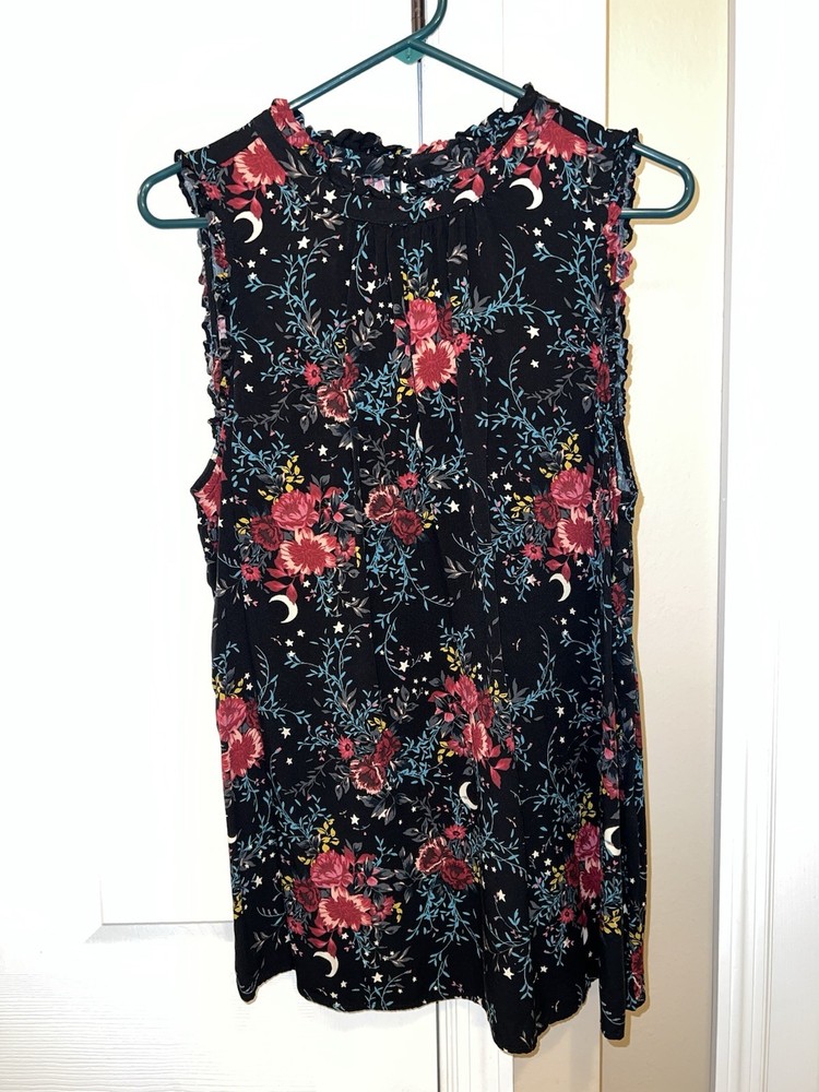 Torrid Blouse Top Plus Size 1 (14/16) Black Multi Floral Sleeveless Stars EUC
