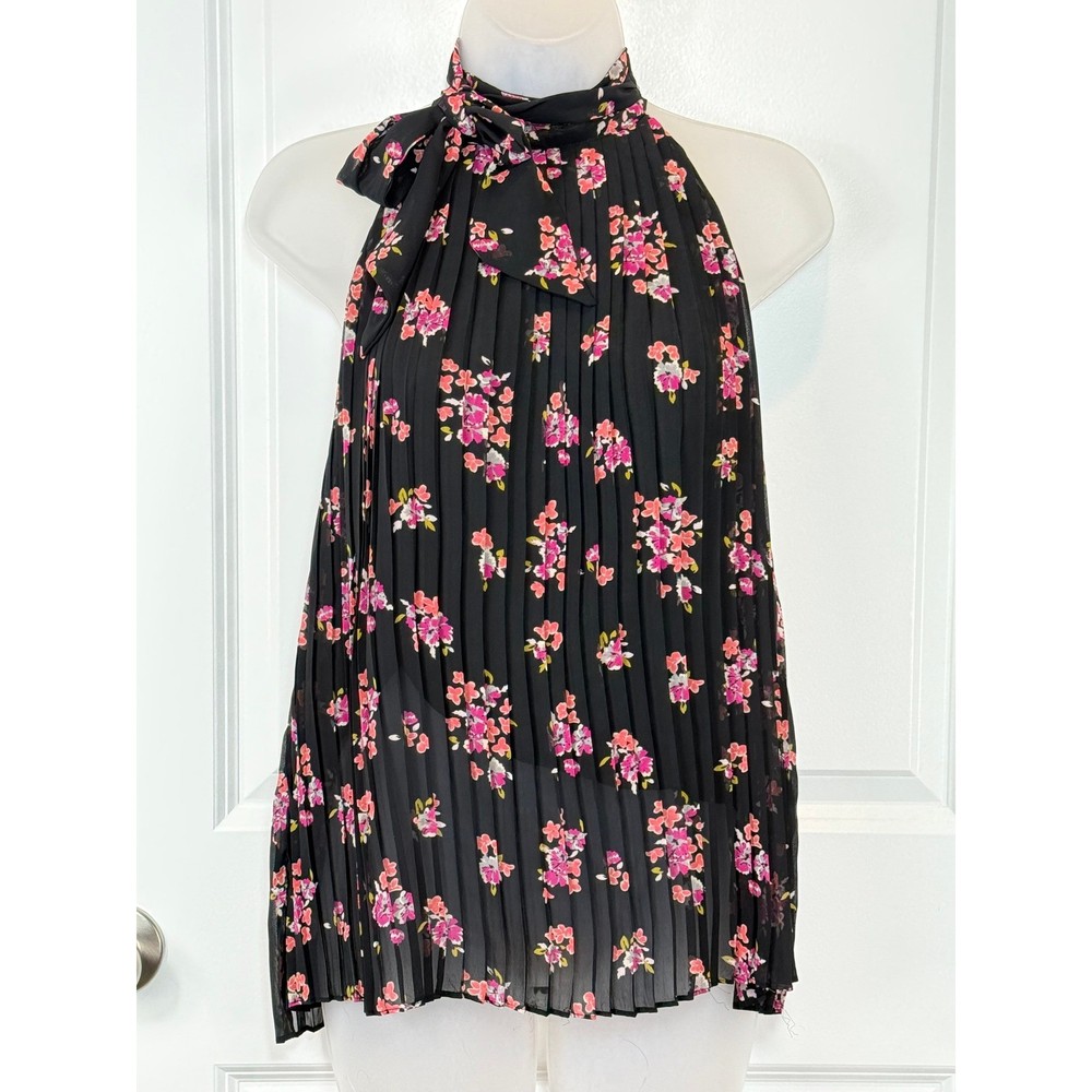 ELLE Black Floral Pleated Halter Neck Top Womens XL Blouse Shirt Evening X-Large