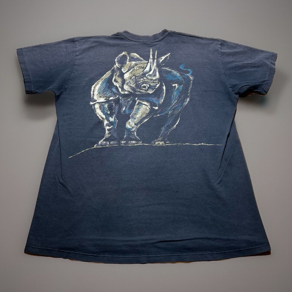 Vintage 90s 1990 Harlequin Rhino Nature AOP Double Sided Fade Shirt Size Large