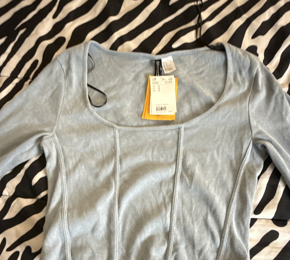 DIVIDED Blue Ribbed Knit Scoop Neck Long Sleeve Cropped Top Women's M